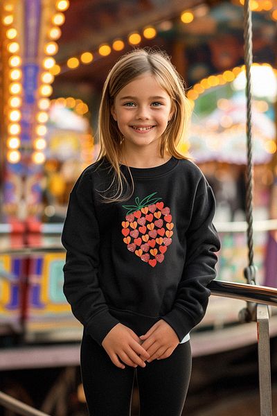 TRENDYOLKIDS Thin Strawberry Embroidery Black Seasonal Sweatshirt for Girl - Crew Neck Tkdaw25sw00001