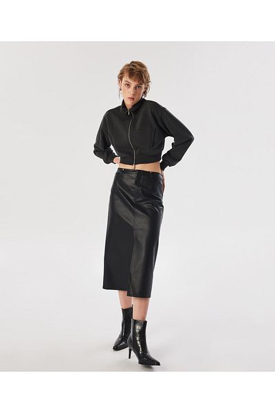 Twist Leather Black Midi Skirt