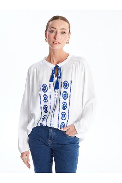 LC Waikiki Dámská halenka s detailním vyšívaným límcem s dlouhým rukávem