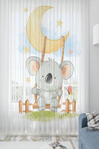 3D ELSE HALI Koala Patterned Cute Children's Baby Room - Single Wing Tulle Curtain