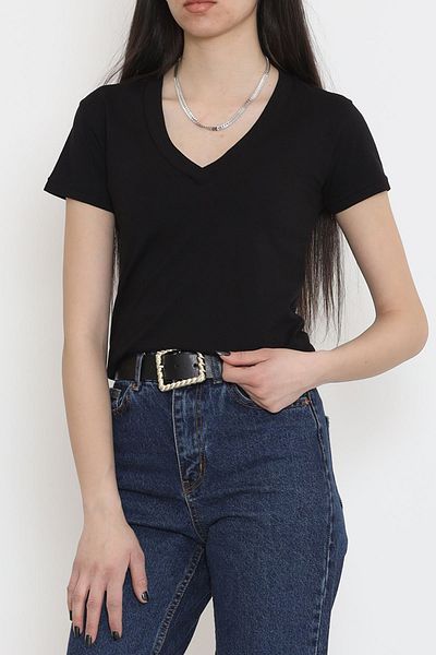 Moka Shopin تي شيرت أسود برقبة على شكل حرف V من Single Jersey - MokaShopin 4001.1567