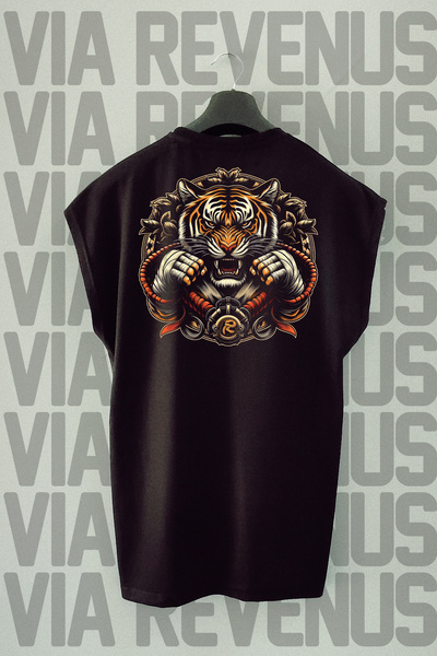 Vordevia Tricou sport negru Tigre Muay Thai - imprimat pe spate, mâneci zero