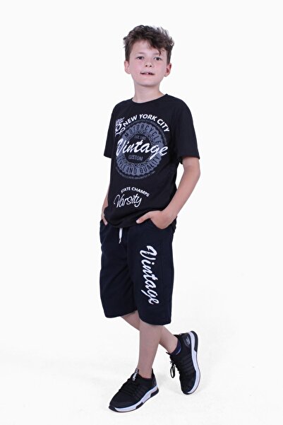 FYK COLLECTİON Vintage 95 Summer Printed Boy's Summer Top-to-Bottom Μαύρο Σετ