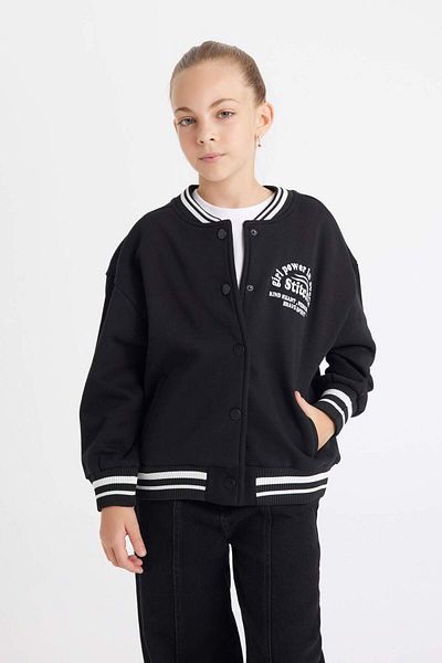 DeFacto Mädchen-Strickjacke mit College-Kragen, Druckknopfverschluss, Taschen, saisonal, leicht, dick, innen weich, pelzig, Bomber-Cardigan