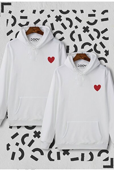 Marjill Φούτερ με λευκή κουκούλα - Heart Printed, Couple Lover Combination Σετ 2 τεμαχίων