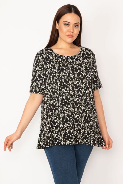 Şans Plus Size Black Floral Patterned Cotton Tunic - Crew Neck 65N38137