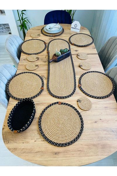 ModaCardin Σετ 14 τεμαχίων από γιούτα Wicker American Service Charging - Runner, Basket και ποτηροθήκη