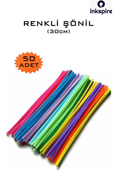 inkspire Şönil Renkli 30 cm 50'li 1 Paket 30 cm Renkli Tüylü Tel Peluş Tel 50 Lİ Tüylü Çubuk El İşi Malzemesi