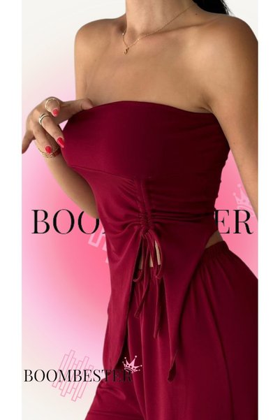 BoomBester Women's Burgundy Strapless Tie-Back Blouse Sandy Fabric