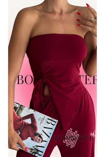 BoomBester Bluză de damă din țesătură nisip, fără bretele, bordeaux