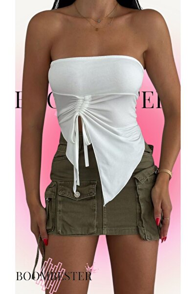 BoomBester Λευκό σχέδιο ασύμμετρης κοπής στράπλες Crop μπλούζα - Sandy Fabric