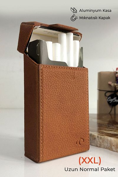 CIGBOXTR Long Cigarette Case Leather - (XXL) Long Regular Package - Aluminum Case - Magnet - Cigarette Box