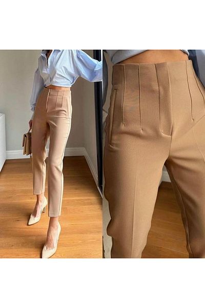 viyan butik High Waist and Clamp Detailed Fabric Trousers