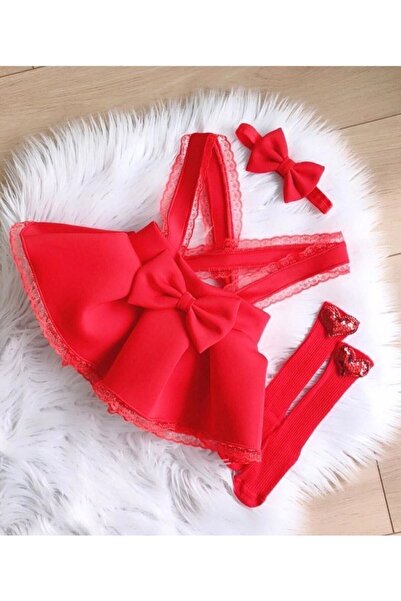 Kokosh kidss Kız Çocuk Kırmızı Dantellı Salopet Çorap Ve Bandana Seti