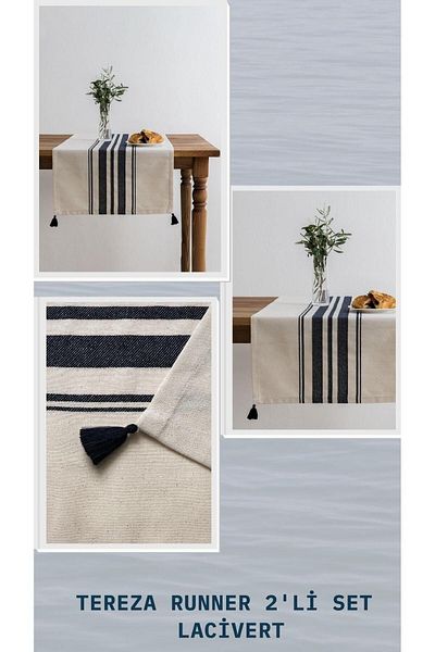 Denizli Concept Μπεζ Navy Blue ριγέ Tereza Runner Σετ - Για Μοντέρνα Τραπέζια