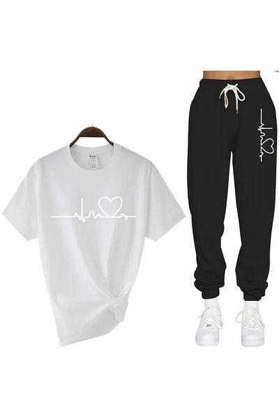 BE QUEEN Ειδικής παραγωγής White Heartbeat με εμπριμέ κοντομάνικο καλοκαιρινό σετ γυναικείας φόρμας oversize