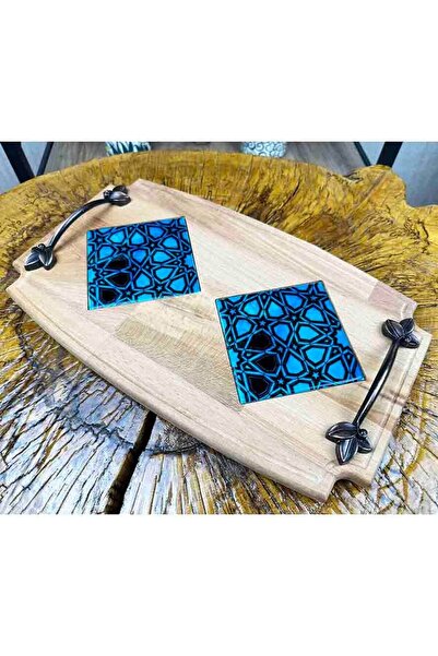 Çini Evi Star Patterned Turquoise Wooden Tray - Seljuk Floor