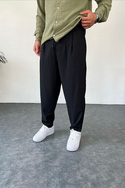 NO61 MAN Baggy Loose Fit Black Pleated Elastic Waist Fabric Trousers