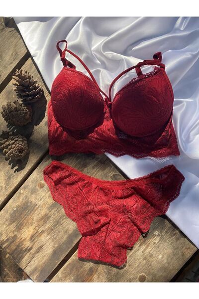 SMG DESİGN طقم حمالة صدر برباط باللون العنابي - مدعم