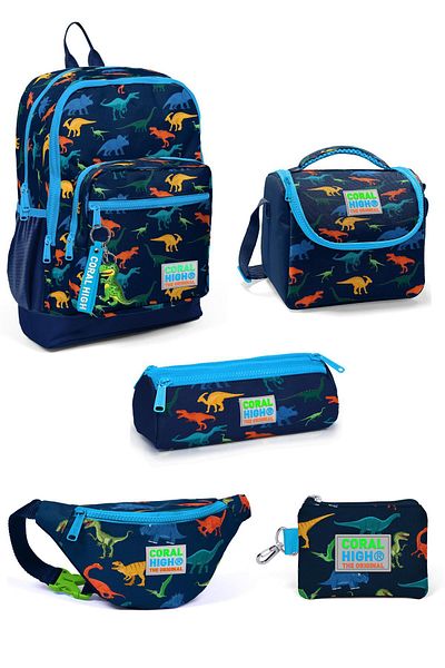 Coral High Geantă de școală din 5 piese cu model de dinozaur albastru bleumarin - 5SET23115