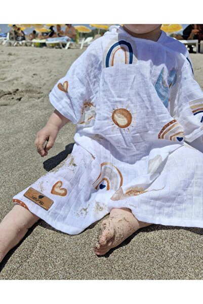 Naturalp طبقتان من الموسلين العضوي بغطاء للرأس - رداء حمام البحر والشاطئ وحمام السباحة للأطفال والرضع للجنسين