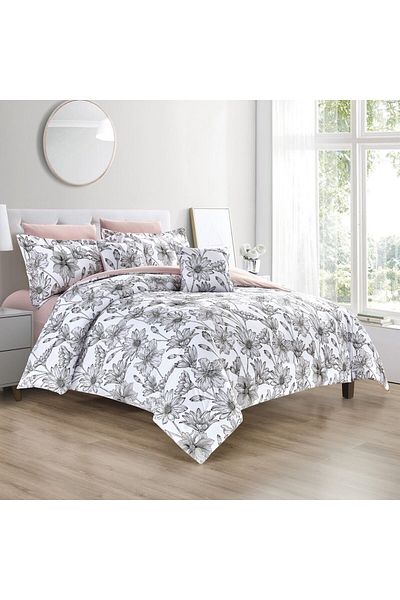 In House Eugenie | 8 Pieces Comforter Set - King - 260x240 cm - White & Rose Pink