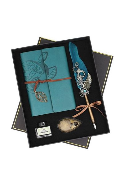 Sarego Leather Cover Vintage Souvenir Notebook Angel Wing Motif Mega Size Dip Inkwell Pen Set with Special Box