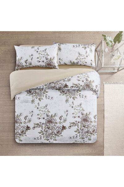 In House Hamsa | 4 Pieces Summer Comforter Set - King - 260x240 cm - Ivory & Dark Beige