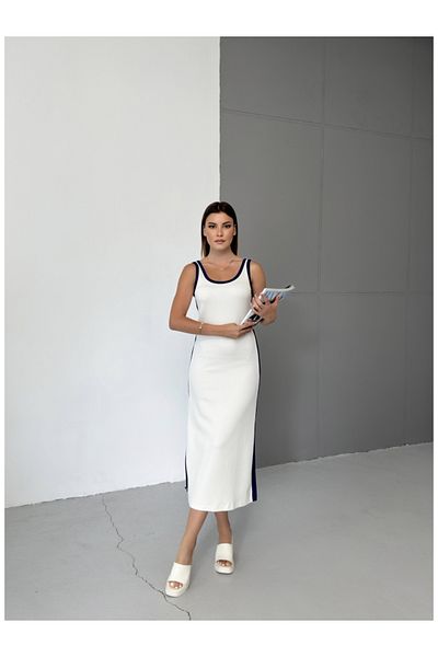 Elif Özbey Butik Modal Dress - White and Striped Side Detail
