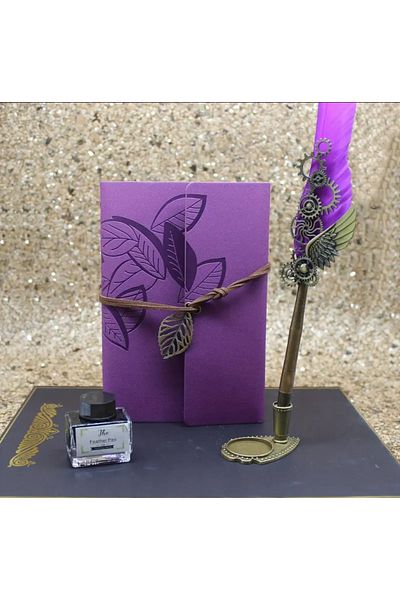 Sarego Leather Cover Vintage Souvenir Notebook Angel Wing Motif Mega Size Dip Inkwell Pen Set with Special Box