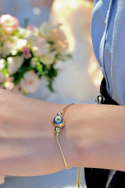 TAKIPORT Adjustable Zircon Stone - Gold Elevator Round Evil Eye Bead Women's Bracelet