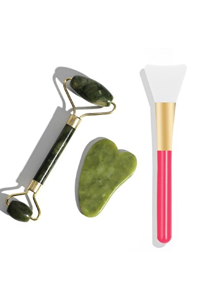 aks kozmetik 3'LÜ SET+ YEŞİM TAŞI +Kalp Gua Sha Yüz Bakım Taşı+Silikon Maske ...