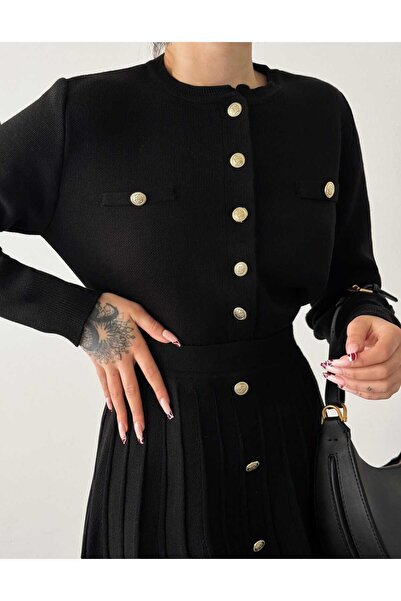 Lusin Fekete kötöttáru kardigán és szoknya szett - gombos részlet, S/M