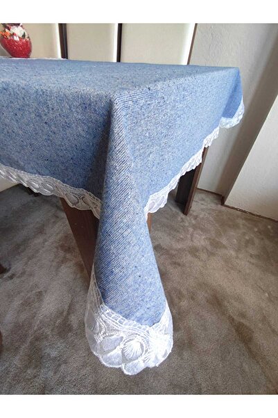 denizli hatırası Față de masă din in cu model flori duble - Albastru, dantelat, 120x120 cm