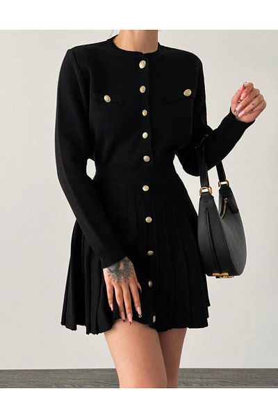 Lusin Black Knitwear Cardigan and Skirt Set - Button Detailed, S/M