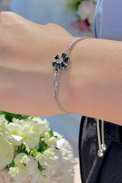 TAKIPORT Lotus Flower Design Women's Bracelet - Silver Elevator and Adjustable Zircon Stone