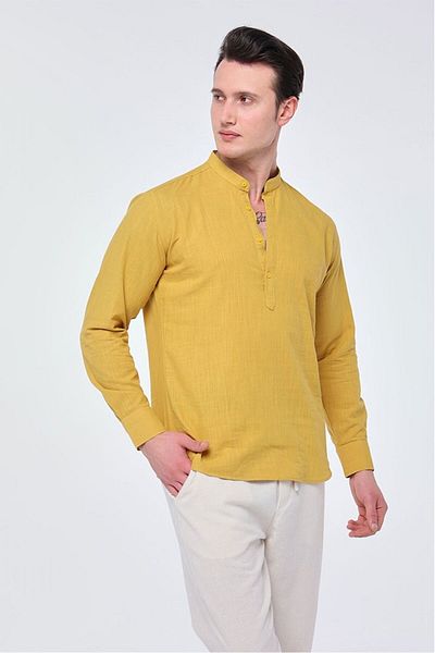 Quagga Men's Prevailing Collar Linen Look Cotton Shirt - Half Placket
