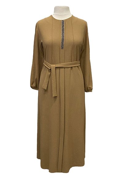 Giyinen Mağazaları Round Neck and Glitter Detailed Mink Rabia Ayrobin Dress - Elastic Sleeve and Belt