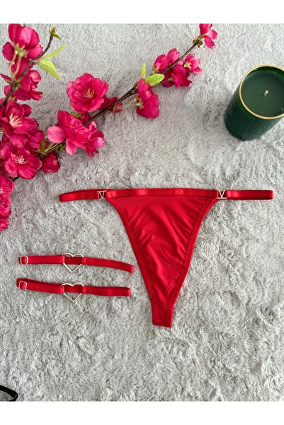 Oprah Kadın Aksesurlı Seksi String ve 2 Li Kalp Aksesuarlı Bacak Aksesuarı