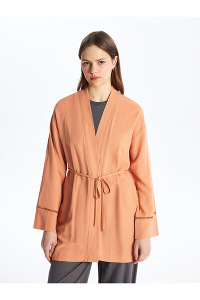 LC Waikiki Şal Yaka Düz Uzun Kollu Keten Karışımlı Oversize Kadın Kimono
