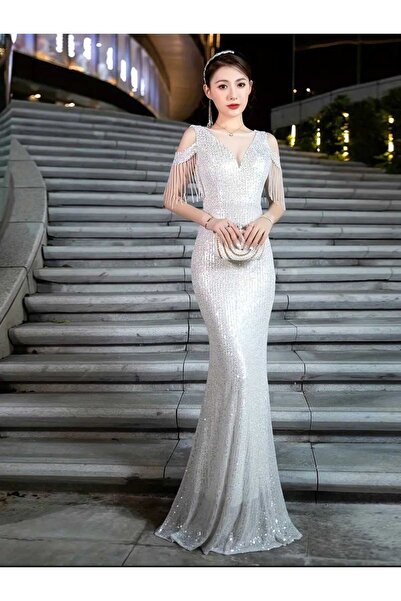 elissaa ŞİK DAR KESİM OMUZLARİ AÇİK PULPAYET ABİYE ELBİSE