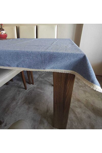 denizli hatırası Față de masă din in spălat cu dantelă scurtă albastră - 90x90 cm