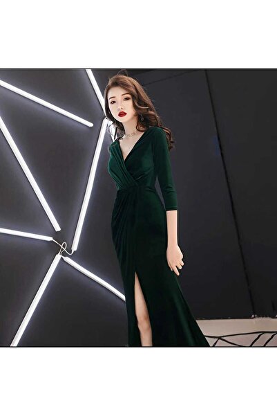 elissaa V YAKA KİSA KOLLU YİRTMAÇLL BÖLÜNMÜŞ SIRTI AÇİK KADİFE ABİYE ELBİSE