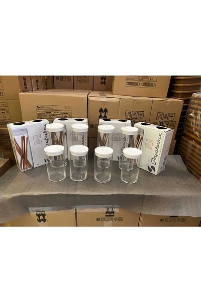 Paşabahçe Vacuum Glass Jar - Glass Food Storage Container 8 Pieces 2 Sizes WHITE