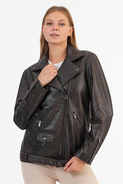 nero leather fur Leather Biker Women's Jacket - Brown Cast Design