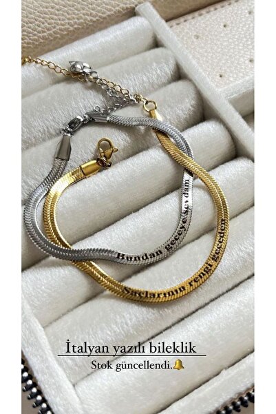 CS Aksesuar Çelik Sevgili Bilekliği 2 Adet , Gold Ve Gümüş Rengi Yazılı Italyan Bileklik Kararmaz Garantili