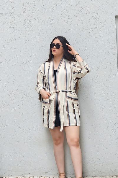 Bahtiyar İpek Blue Brown Striped White Thick Cotton Kimono