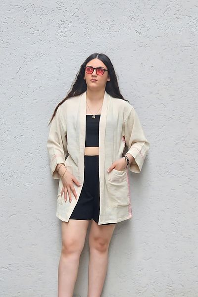 Bahtiyar İpek Linen Kimono - White and Pink Striped