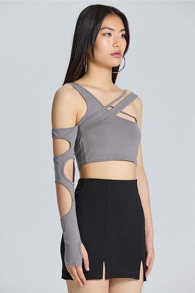 boutiquen S2013 Single Sleeve Low-cut Drawstring Anthracite Blouse