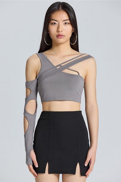 boutiquen S2013 Single Sleeve Low-cut Drawstring Anthracite Blouse